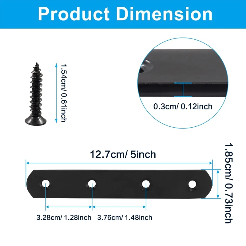 6/ 12 قطعة، دعامة مستقيمة 5 بوصة، دعامة إصلاح مسطحة من الفولاذ المقاوم للصدأ، لوحة موصل سوداء مع براغي تثبيت، 127 × 18.5 مم #2