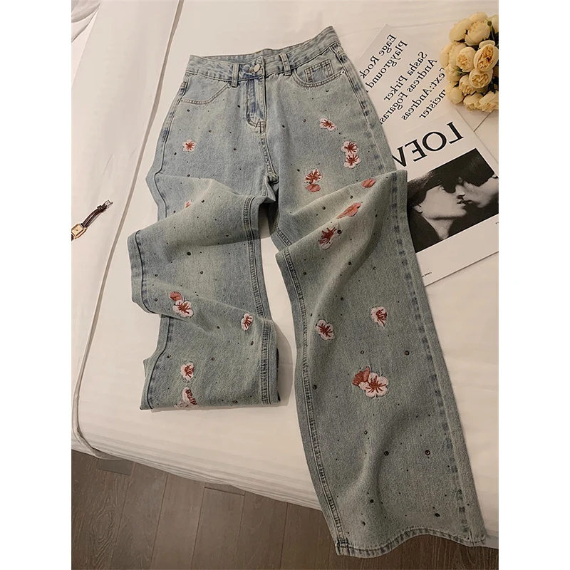 

Embroidery Flower Women's Jeans 2026 Summer American Style High Street Personalized Pants Vintage Straight Wide Leg Trousers