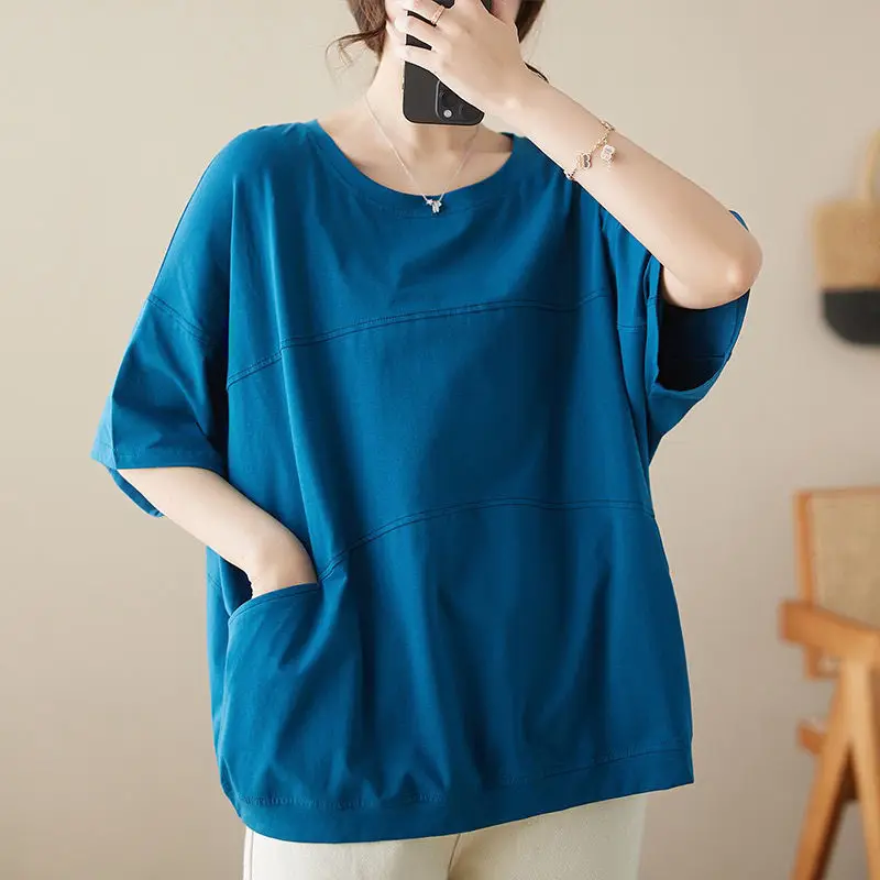 Women's Summer Solid Round Neck Pullover Pocket Patchwork Short Sleeve Loose T-shirt Casual Fashion Office Lady Vintage Tops