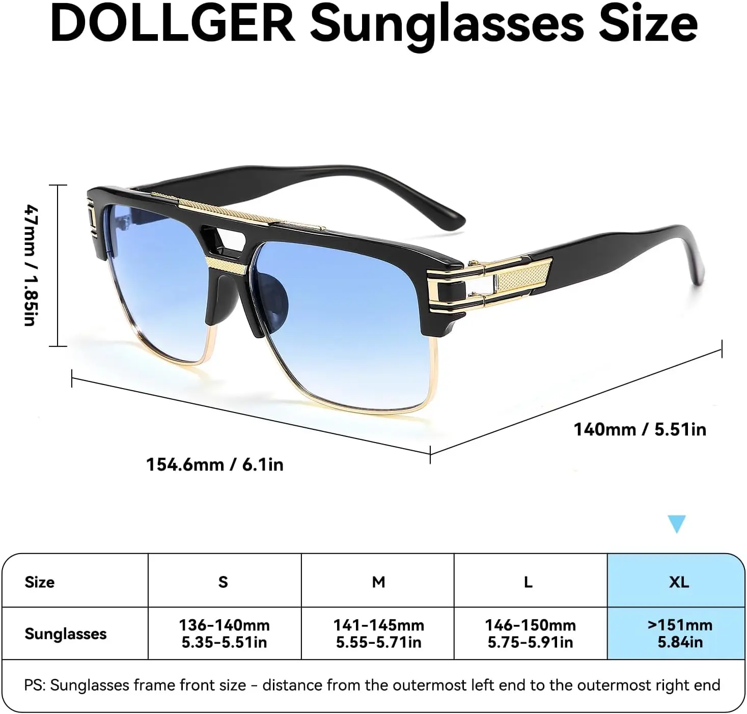 Dollger Square Sunglasses for Men Classic Oversized Sun Glasses Retro Semi Rimless Gold Alloy Frame UV400