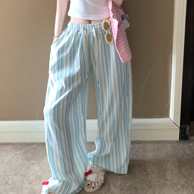 Bilateral Pocket Tie Rope Pajama Pants for Women Loose Wide Leg Pants Korean Version Outside Home Trousers Sleeping Pants Plaid