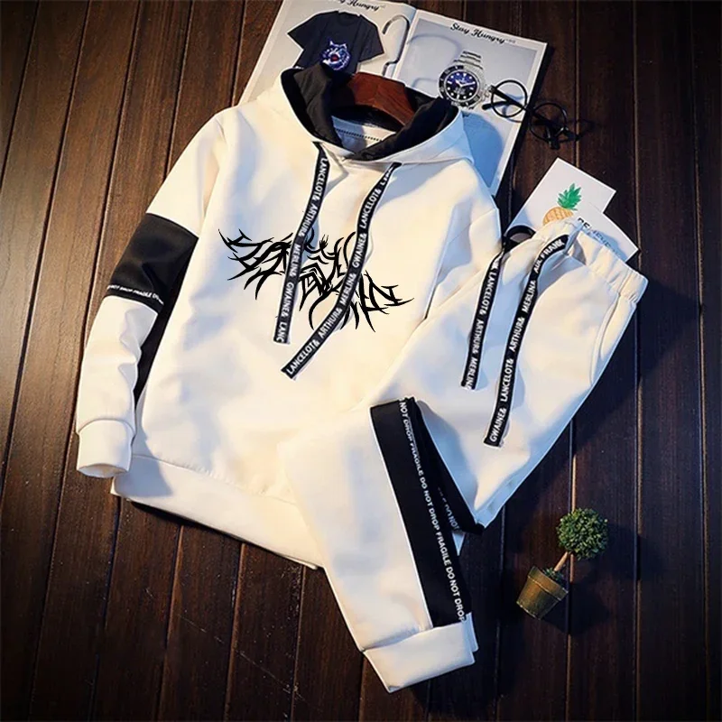 Mens Tracksuit HotSales Black White Hooded Sweatshirt Jogging Sport DailyCasual Clothing Print Fashion Versatile Tops Pants Suit