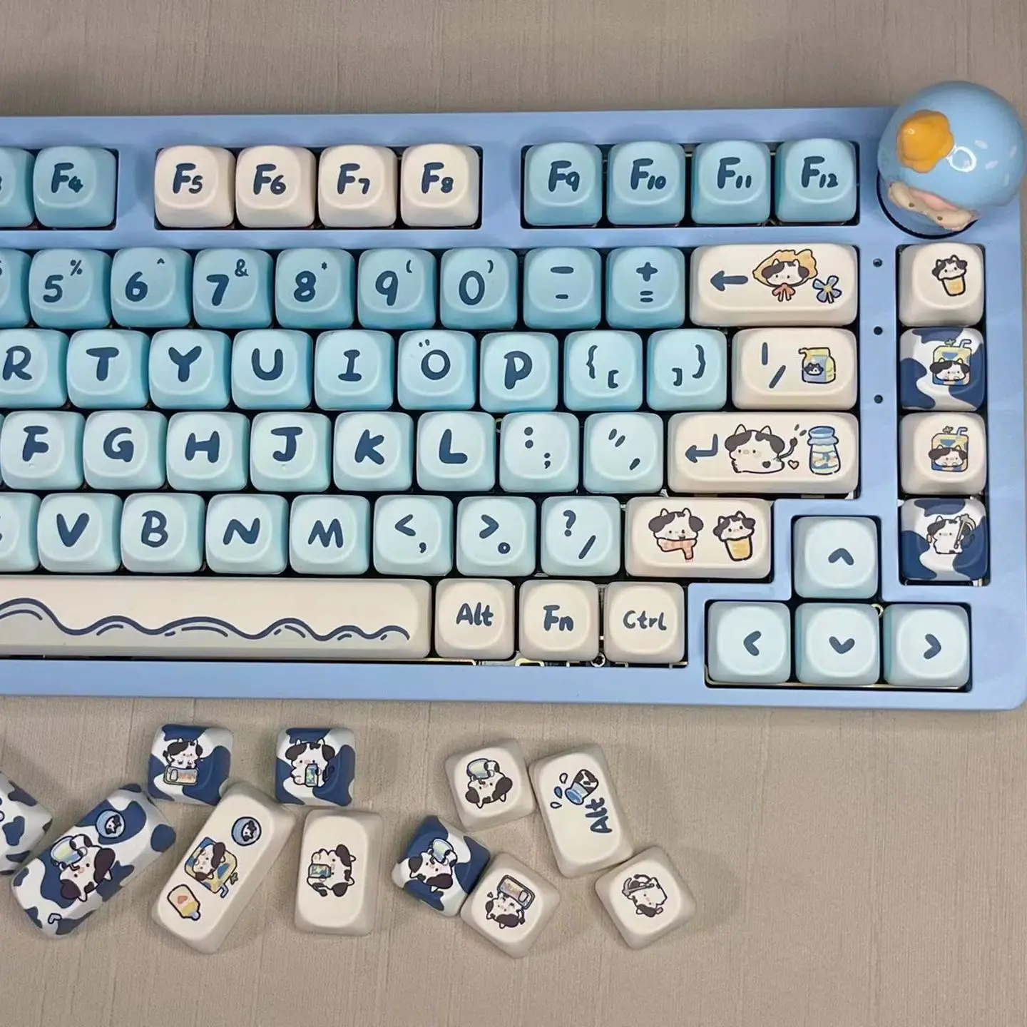 Cow Cute Keycap Cute Moa 140Keys Pbt For Gmk 61/68/84/87/96/98/104/108 Round Cartoon White Gradient Large Character Blue Keycap