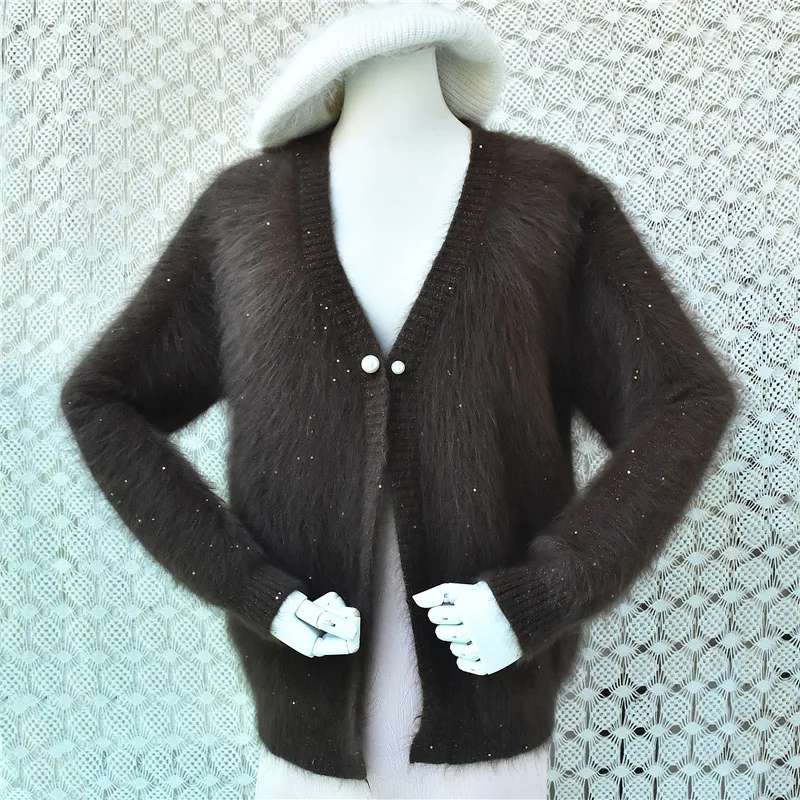 Ladies Women Autumn Winter Fashion Hairy Mink Cashmere Knitted Shiny Sequins V-neck Long Sleeves Loose Cardigan Mantle Coat Pull