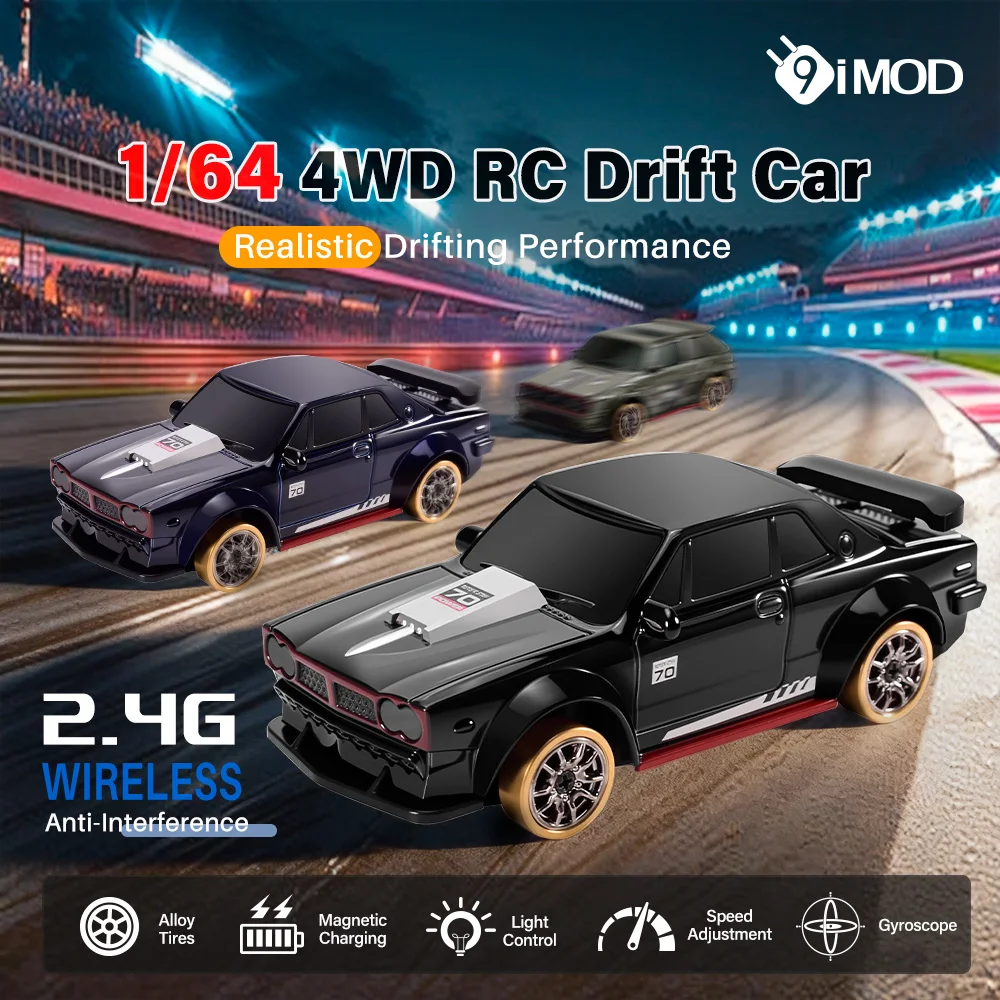 9IMOD 1/64 RC Drift Car 2.4G 4WD Full Proportional Remote Control Car with Gyro LED Lights Magnetic Charging High Low Speed