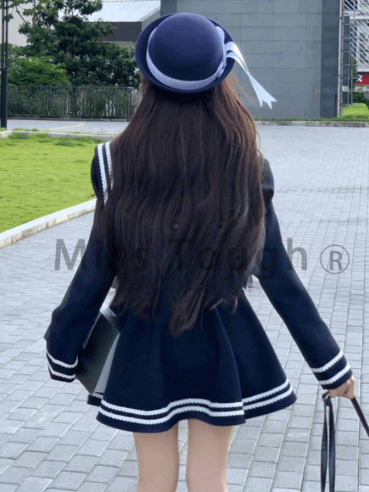 Winter Japanese Preppy Style Sweet Two Piece Set women Short Slim Coat + Bow Pleated Dress New Design Kawaii Harajuku Suit 2024