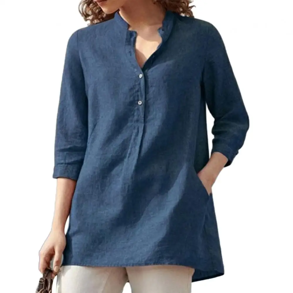 Elegant Cotton Linen Shirts Women Casual Solid Button Lapel Blouses Shirts Autumn Winter 3/4 Sleeve Loose Tops Tunic Blusas