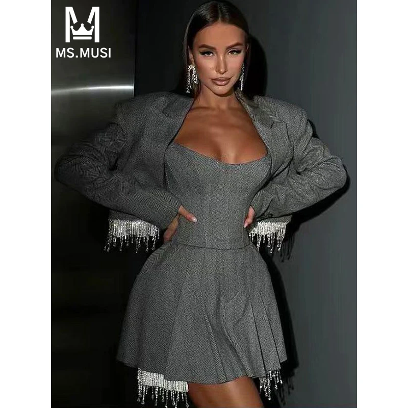 

MSMUSI 2024 New Fashion Women Sexy Diamond Crystal Two Piece Set Bodycon Party Long Sleeve Blazer Strapless Mini Dress Set Suit