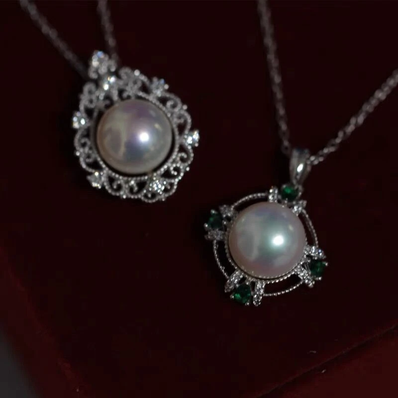 

9-10MM Cool Mirror Aurora Fresh Water Natural Pearl Pendant Vintage Palace Style Emerald Green Zircon Sterling Silver Necklace