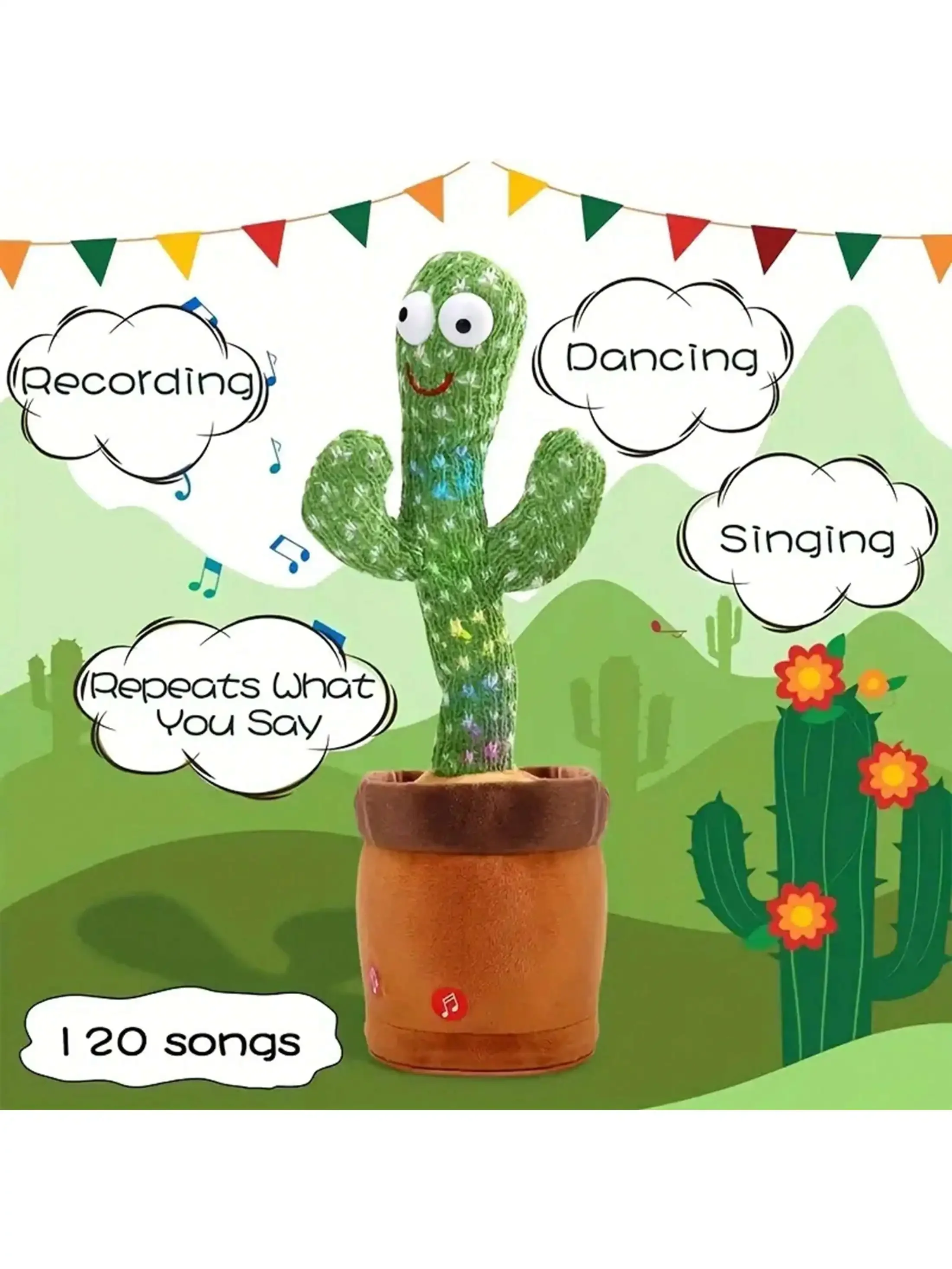 Juguete de Cactus parlante para bebé, recarga, canto, grabación de imitación, repetición de lo que dices, Sunny Cactus Up Plus, 1 unidad