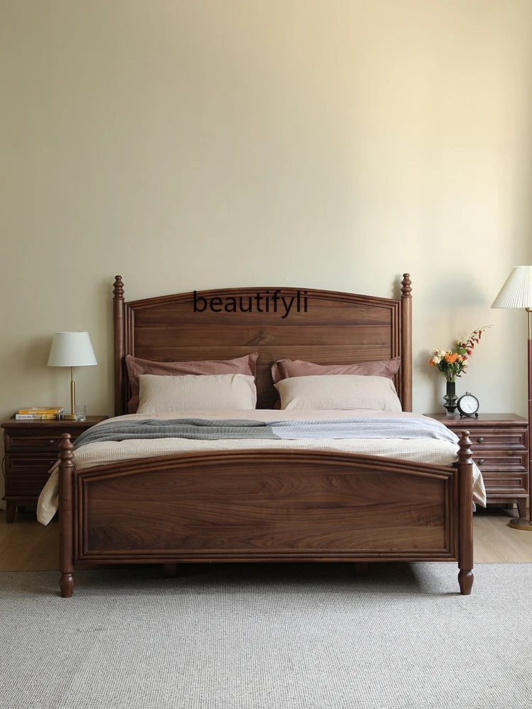 American Style Solid Wood Bed North America Black Walnut Double Bed 1.8 M Modern Minimalist Master Bedroom Large Back Bed