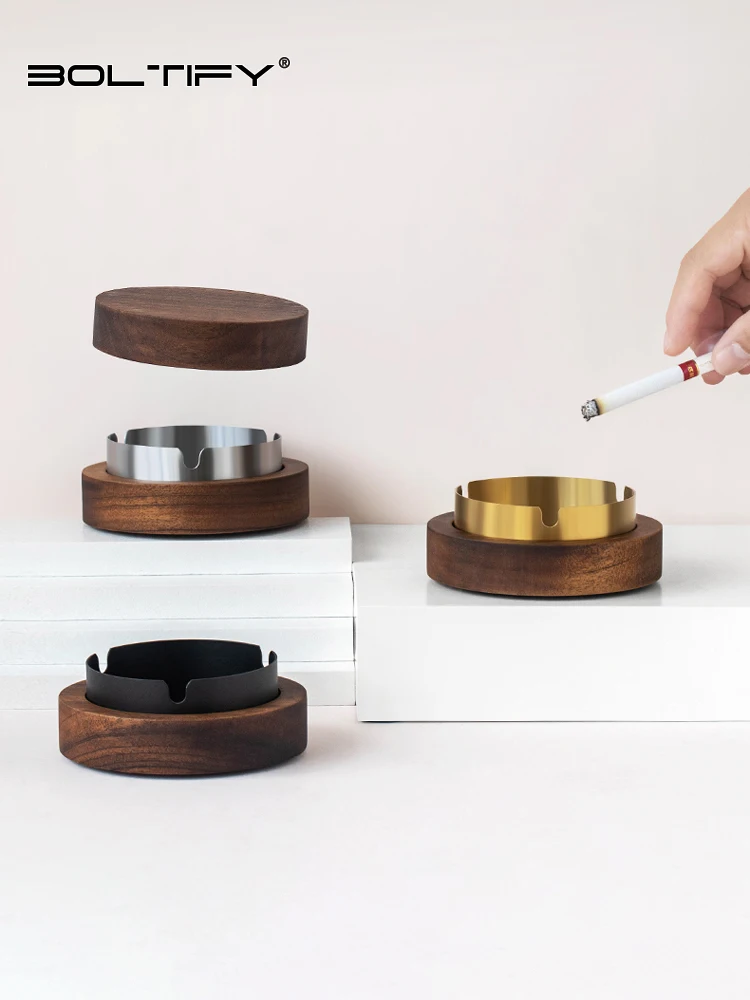 1PC Creative Ashtrays with Lid Walnut Wood Desktop Ashtray Stainless Steel Windproof Ash Tray for Smoking Office Home Decoration
