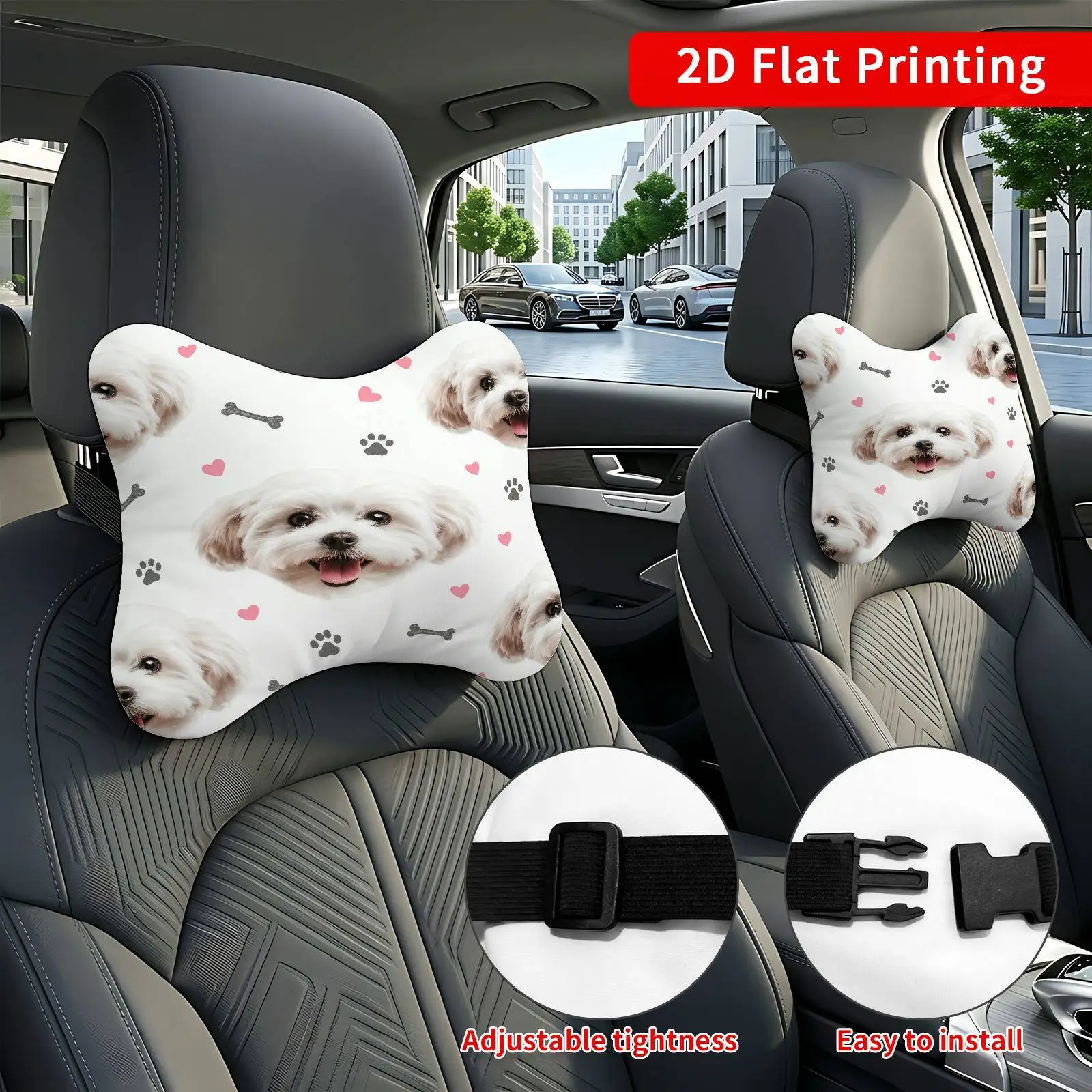 2pcs Dog Bone Pattern Car Seat Headrest, Neck Support Cushion, Suitable For All Seasons Of Car Additions, Dog Theme, Travel Neck