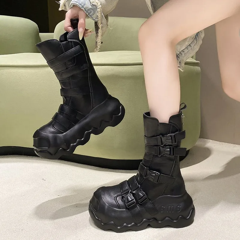 

8CM 2026 Leather Platform Buckle Wedge Flats Women Luxury Autumn Winter British Motorcycle Fashion ZIP Ankle Boots Ladies Shoes