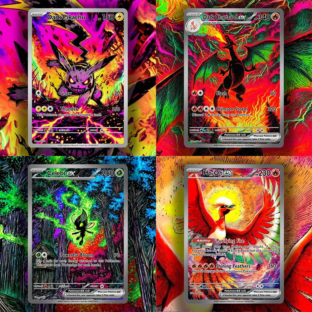 

PKM Card Dark Style Set Charizard Ho-Oh Celebi Pikac Custom Card PTCG Classic Game Anime Collection Foil Card Real life Cards
