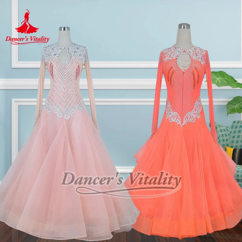 Adult&Child Waltz Shrimp Pink and Orange Graceful Big Swing Dress Customize Dancer's Vitality Ballroom Dance Professional Outfit
