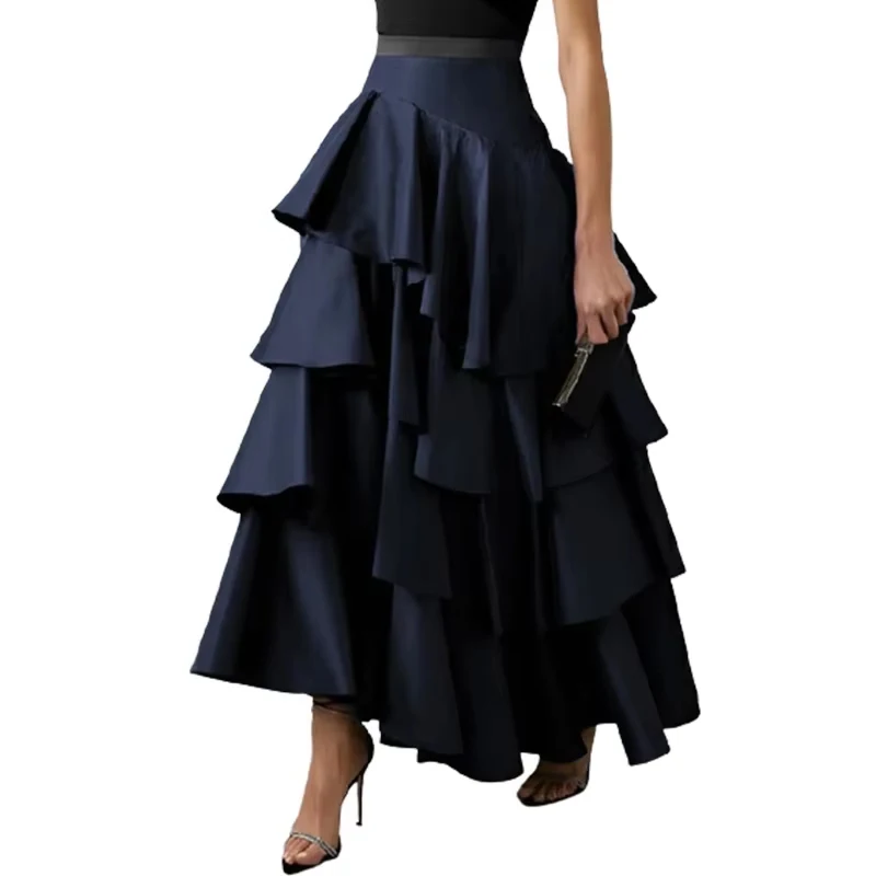

Women's Party Dress Solid Color High Waist A-line Skirt 2025 New Polyester Layered Ruffled Ankle-length Elegant Skirts