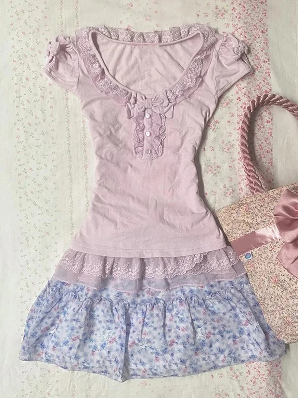 Original violet dentelle garniture ort Sve t-shirt femmes été Vintage minceur haut doux Sle coton mélange a-ligne Dr