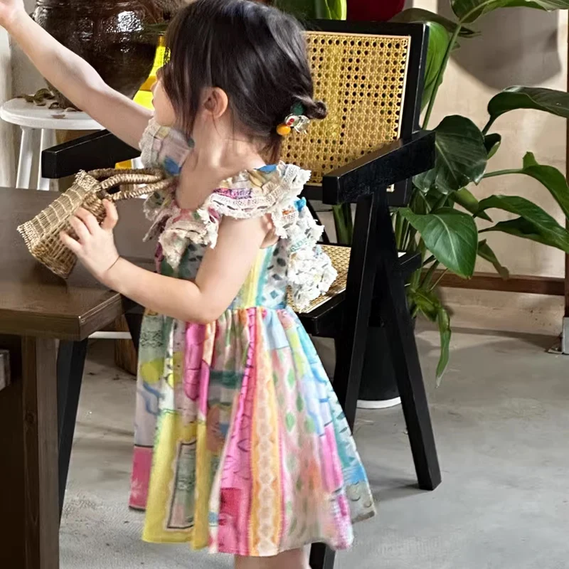 Girl Dress Summer Graffiti Lace Girl Princess Dress Cute Beach Dress Girl Clothing