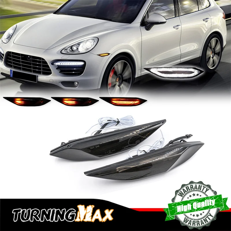 Switchback Amber Dynamic LED Front Side Marker Turn Signal Lights w/ White DRL Driving Lights For Porsche Cayenne 958 2011-2014