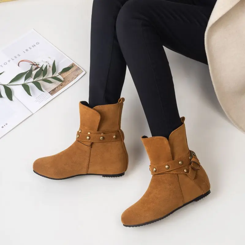 

ORCHALISA Women's Ankle Boots Round Toe 3cm Heightened Heel Flock Rivets Metal Decor Yellow Slip-On Big Size 43 Daily Booties