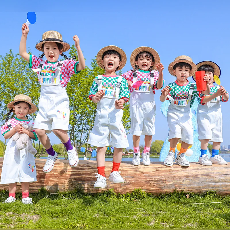 

Girls Hip Hop Streetwear Plaid T Shirt White Overall for Kids Jazz Dancing Costume Children Cheerleading Show Clothes