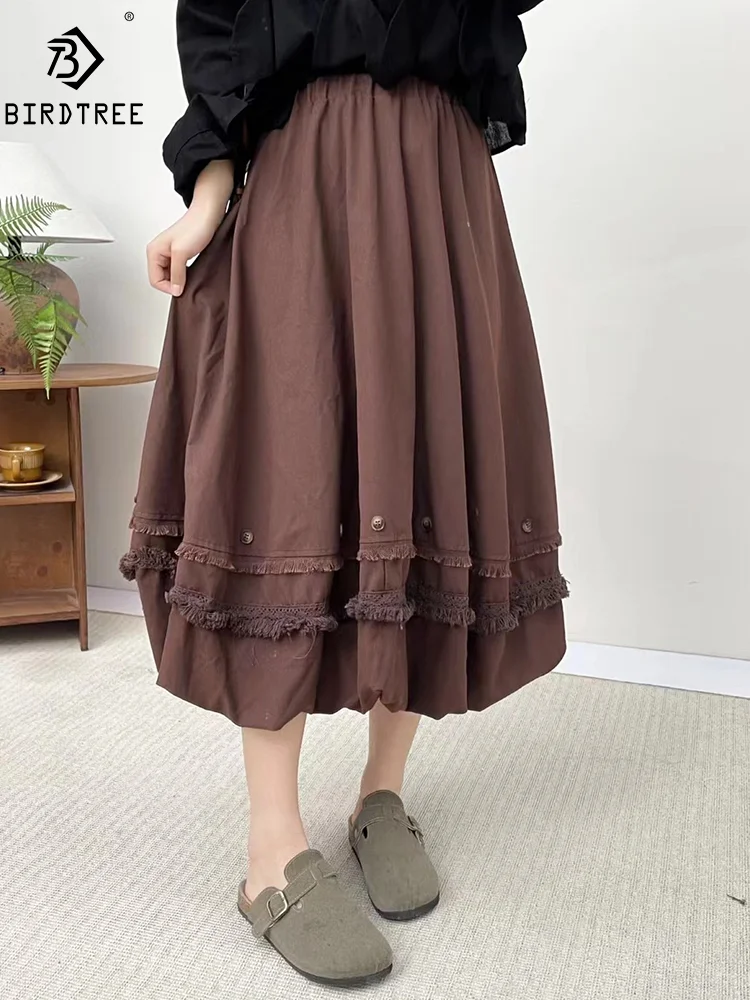 

New Summer Cotton Linen Sweet Skirts Women Elastic Waist Fringe Buttons Skirt Mori Girl Fashion Loose Skirt 2024 Autumn B47492QM