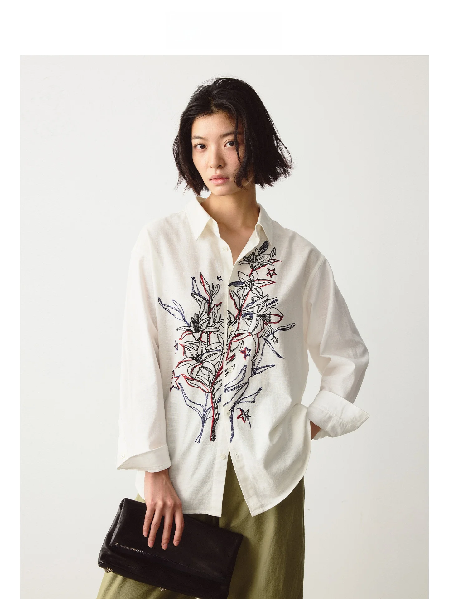 

DE Mincollection Floral Embroidery Cotton Linen Casual irt Heavy Work Embroidery Turn-down Collar Loose Fit Women's irt