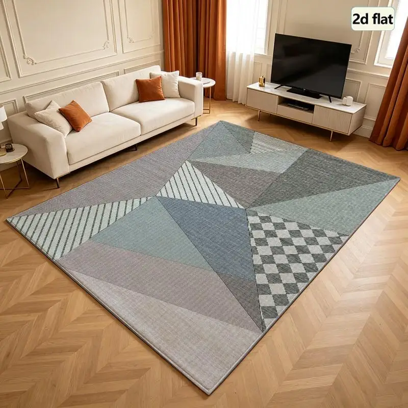Grey Blue Triangle Patchwork Carpet Flooring, Modern Abstract Geometric Square Area Rug for Bedroom