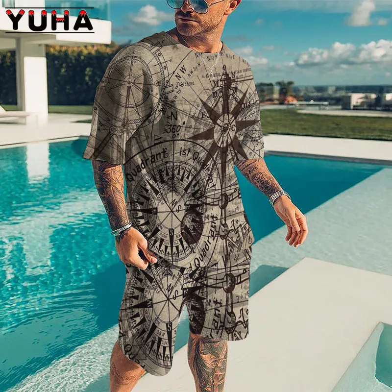 YUHA Funny Summer Men's/Women's Classic 3D Captain World Map Printing Suit Crew Neck Large Size T-shirt +Shorts 2-Piece Set For