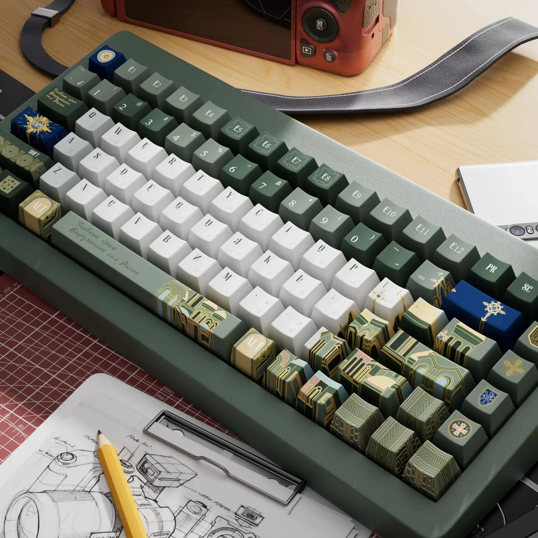 

Retro Russian Architectural Keycaps Church Architecture 134Keys Army Green 2.25/2.75U Space Bar Alice Layout Iso For Aula F75Pro