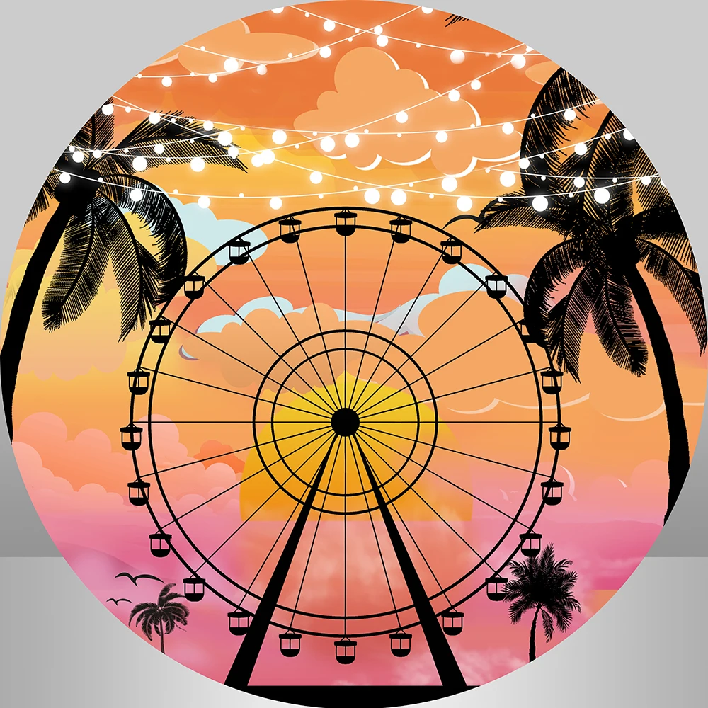 

Summer Ferris Wheel Round Backdrop Party Decoratio Palm Leaves Sunset Photo Banner Tropical Baby Shower Girl Birthday Background