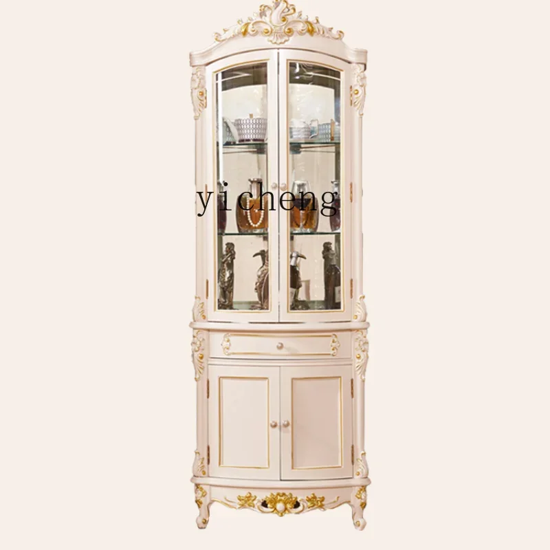 

Solid Wood Living Room Corner Wall Side Triangle Cabinet Vintage Glass Decorative Storage Cabinet