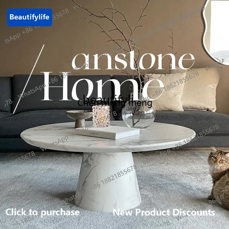 

183ff Natural marble round coffee table Modern simple cream style marble coffee table Living room round