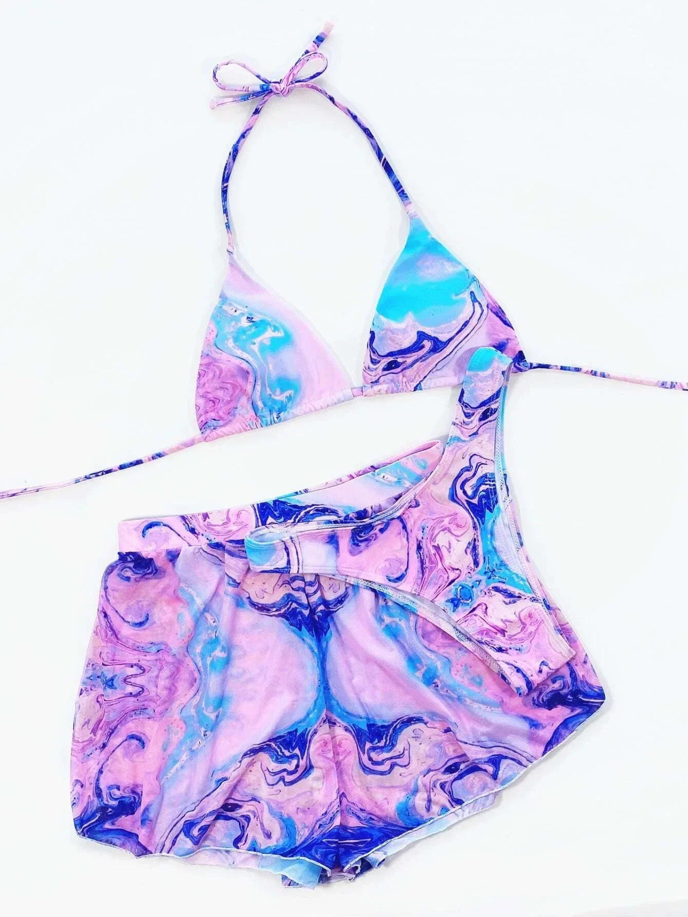 Roxo impressão 3 peça biquíni feminino 2023 shorts de cintura alta tankini maiô triângulo copo com decote em v maiô xmb619w