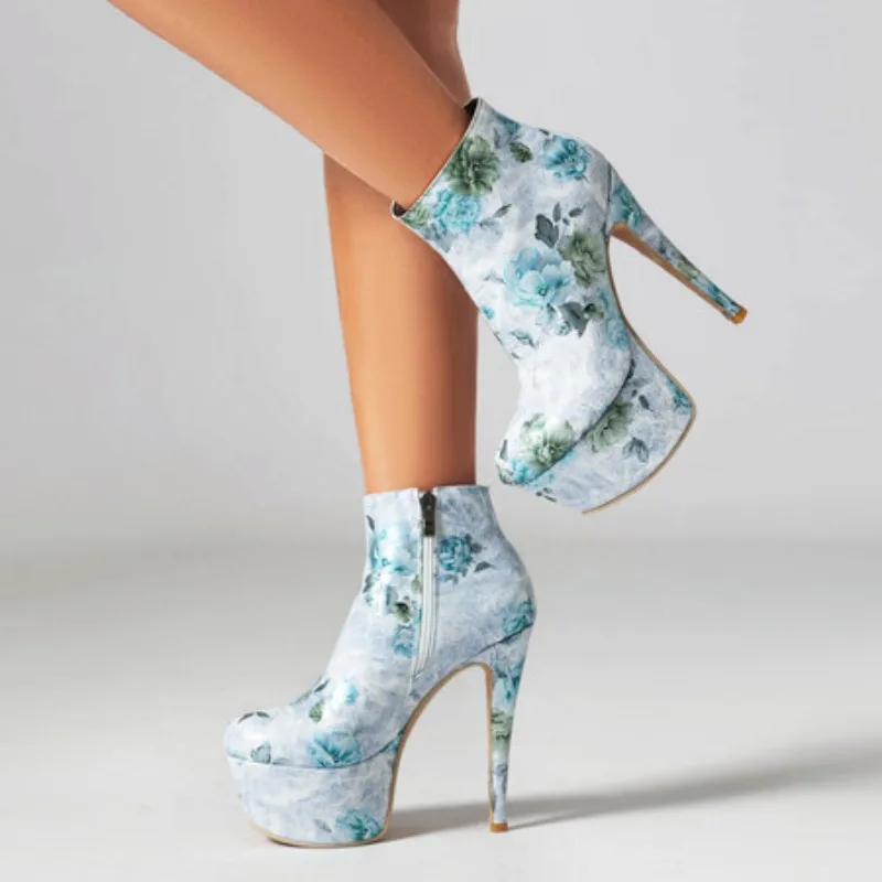 2023 Flower Printed Leather Short Boots 34-48 Zipper Round Head Waterproof Platform 14cm Heel Ankle Boots Estate Tea Party Boots