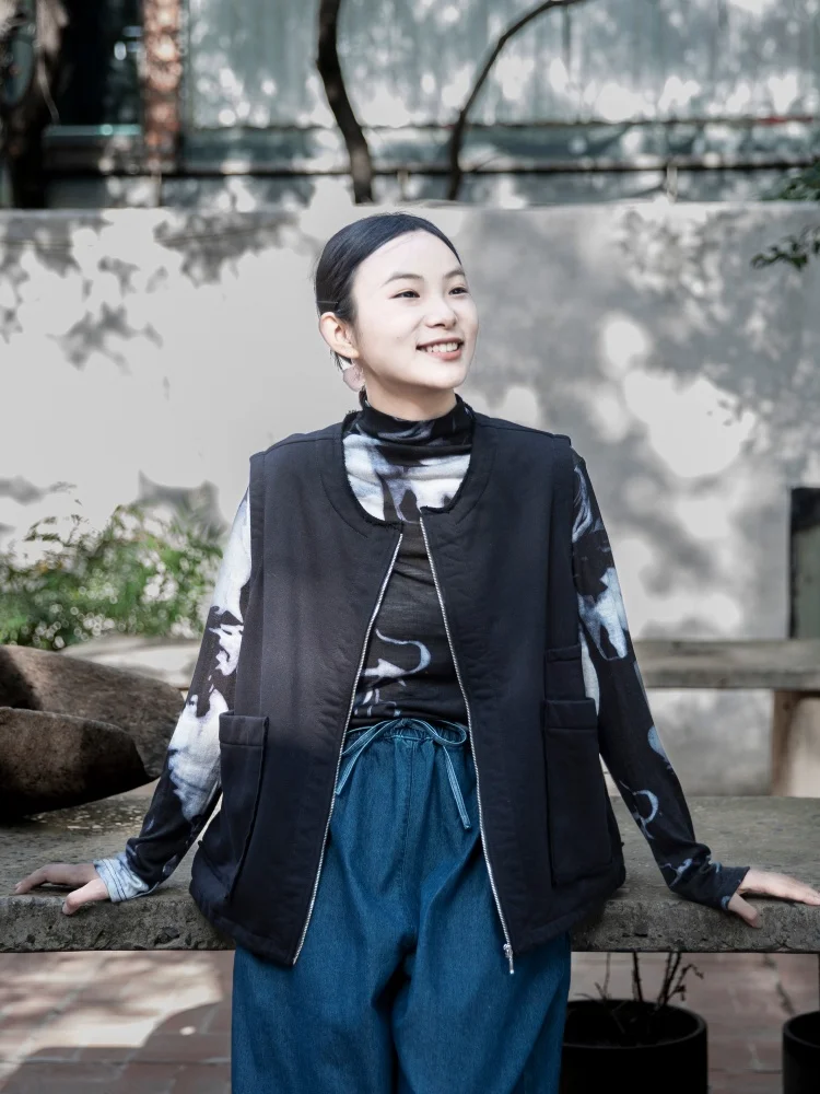 

Warm Pure Cotton Bla Vest Women's Autumn Winter Loose Casual Fce Lined Versatile Top Original Design by Yuwen Ci