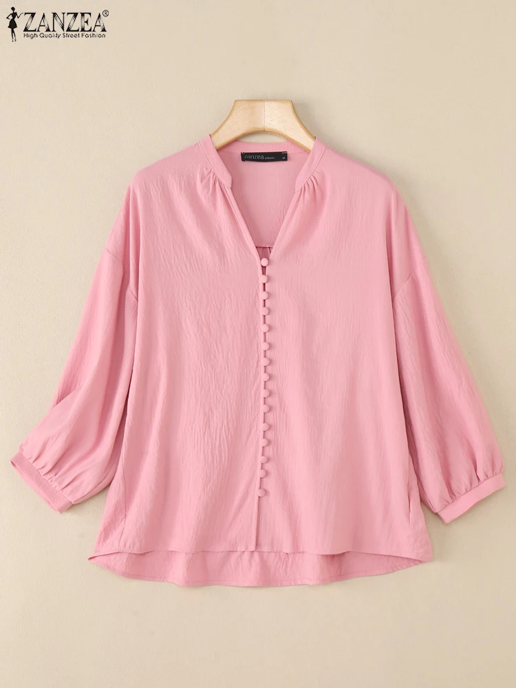 ZANZEA 2025 Casual Shirts Women Vintage 3/4 Sleeve Blusas Casual Loose Bottons Tunic Autumn V Neck Solid Color Tops Oversized