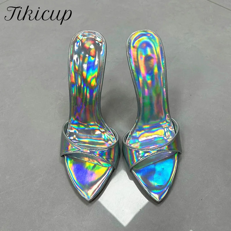 NEW Iridescent Metallic Pointed-Toe Stiletto Mules Slippers Elegance Lady 12cm High Heels Slip on Outdoor Sexy Evening Sandals