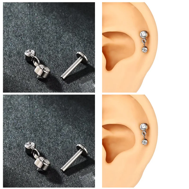 Korean Internal Thread Stud Earrings G23 Earbone Stud Inlaid Zircon Chain Titanium Alloy Lip Stud Lip Decoration
