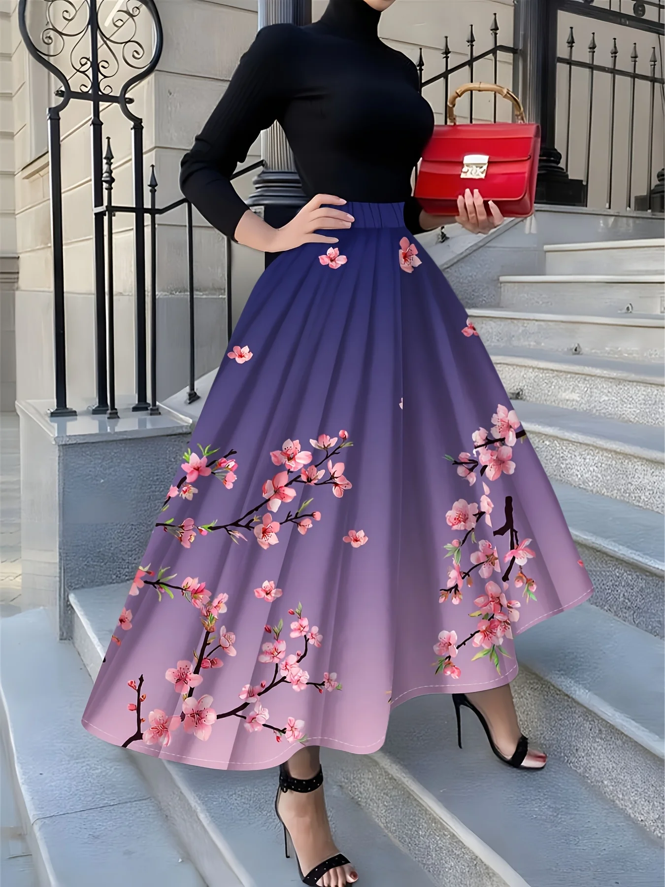 

Printed Design Seasonal Pink Cherry Blossom Branch Pattern Holiday Style Half Skirt