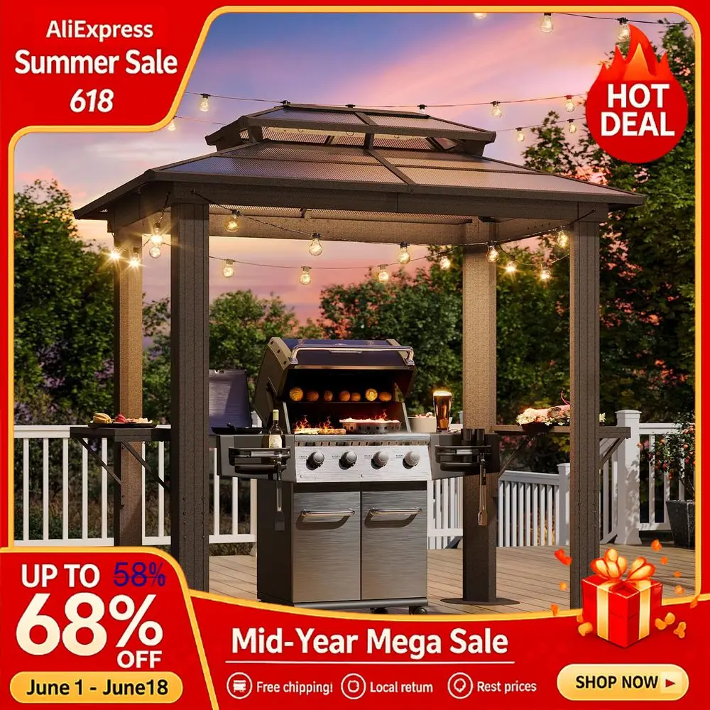 

Grill Gazebo 8 x 5FT, Aluminum BBQ Gazebo with Double Polycarbonate Top, Grill Canopy Hardtop with Shelves for Lawn, Patio