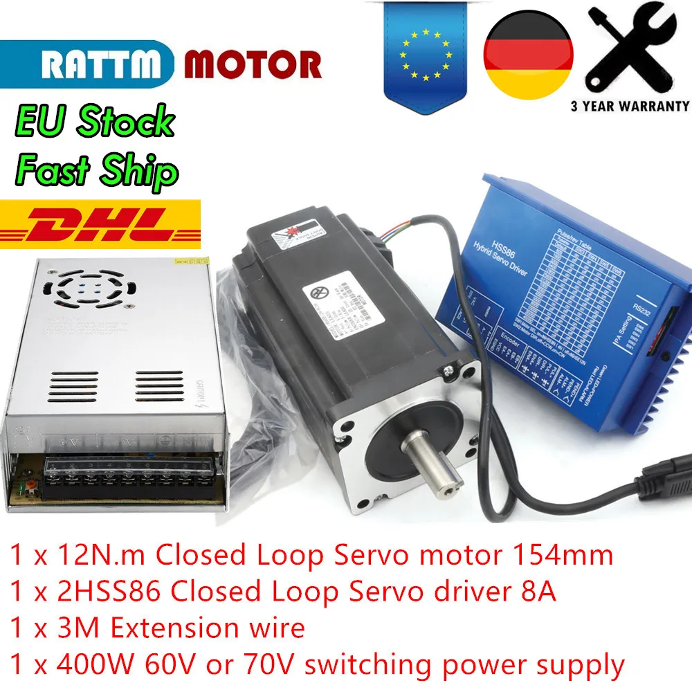 Nema34 Closed Loop 12N.m Servo motor Stepper Motor 6A 154mm & HSS86 Hybrid Step-servo Driver 8A & Powe Supply CNC Controller Kit