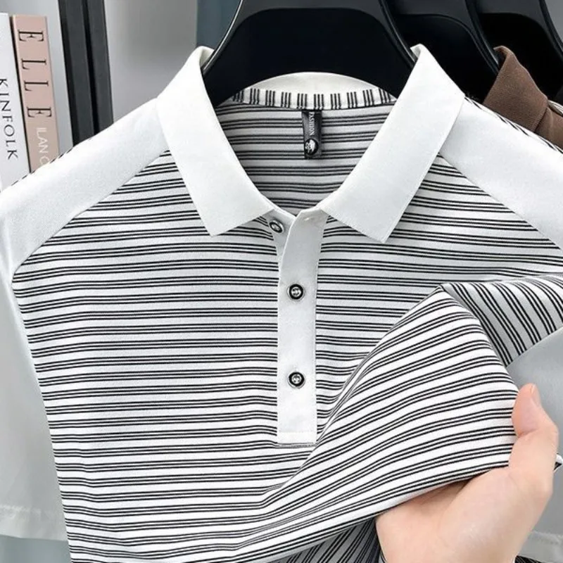 Men Raglan Sleeve Color Block Polo Shirt Short Sleeve Black White Fine Striped Front Lapel Summer Business Casual Tops