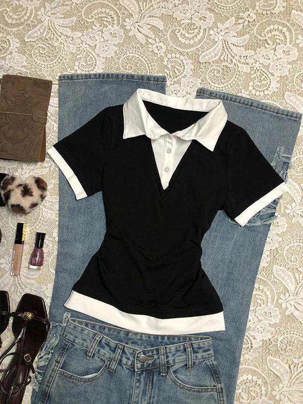 

Original Bla White Contrast Color irt Collar Splicing Fake Two-Piece ort Sve T-irt Vintage Summer Top for Girls