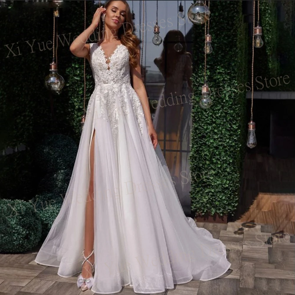 2024 affascinante Sexy A Line abiti da sposa da donna con scollo A V in pizzo Appliques senza maniche abiti da sposa con spacco alto laterale Vestido De Novia