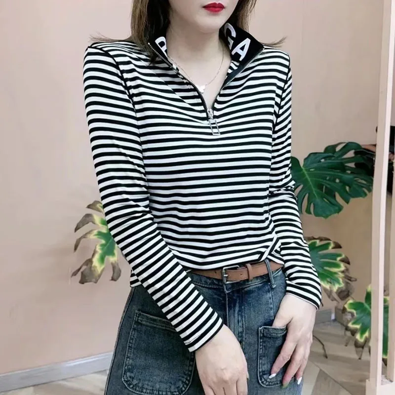 Fashion Printed Spliced Zipper Letter Casual Blouses Women Clothing 2023 Autumn Winter Loose Striped Korean Tops Commuter Shirts