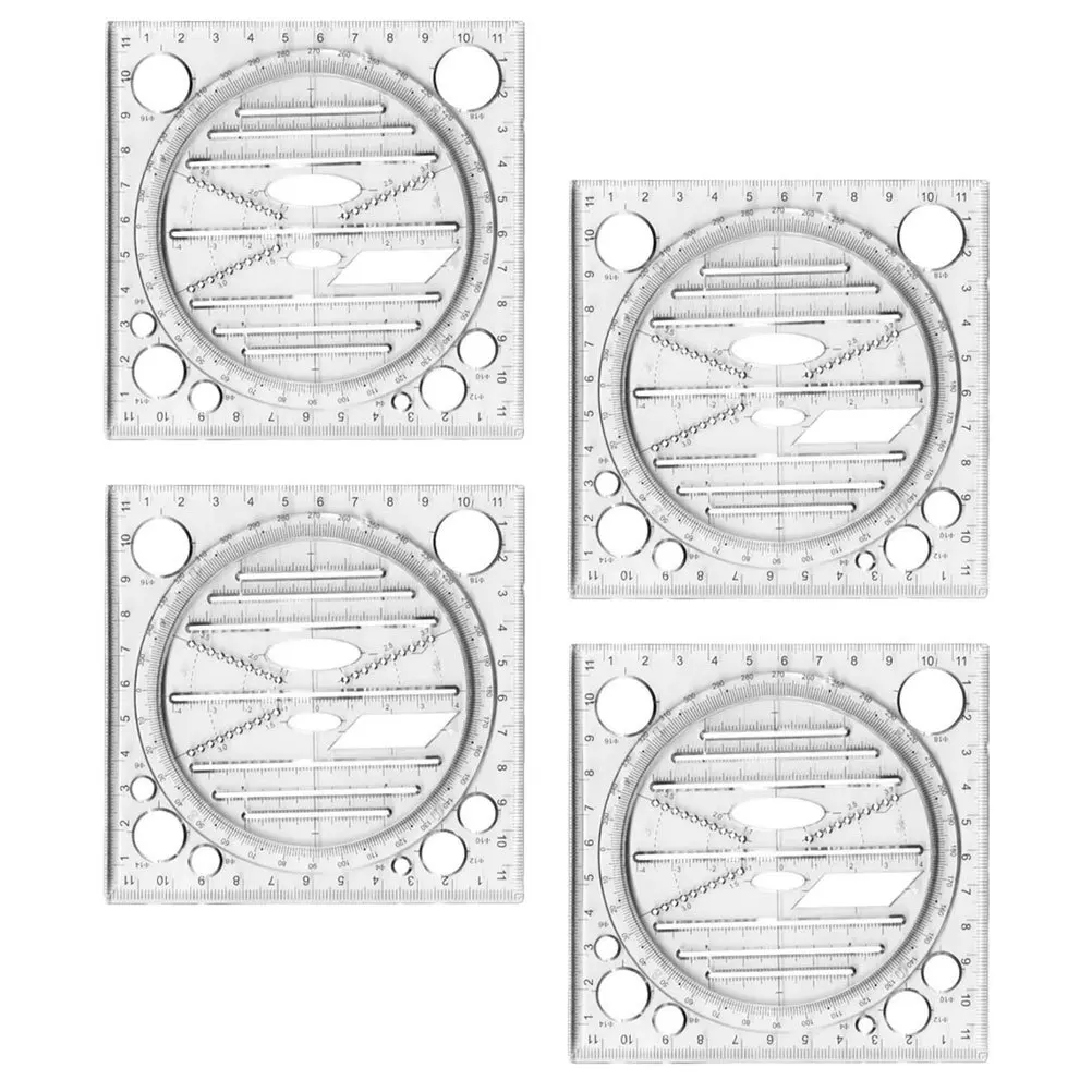 4pcs Multifunctional Ruler Plastic Geometric Drawing Template Lightweight For Art School Supplies Protractor