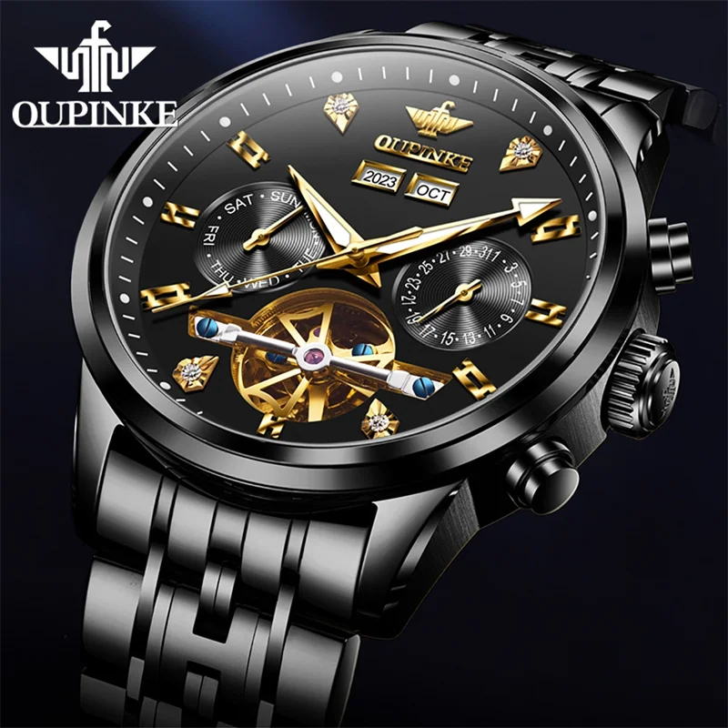 OUPINKE Tourbillon Mechanical Watch Men Fashion Stainless Steel Luminous Waterproof Automatic Watches Men's Sports Relogio