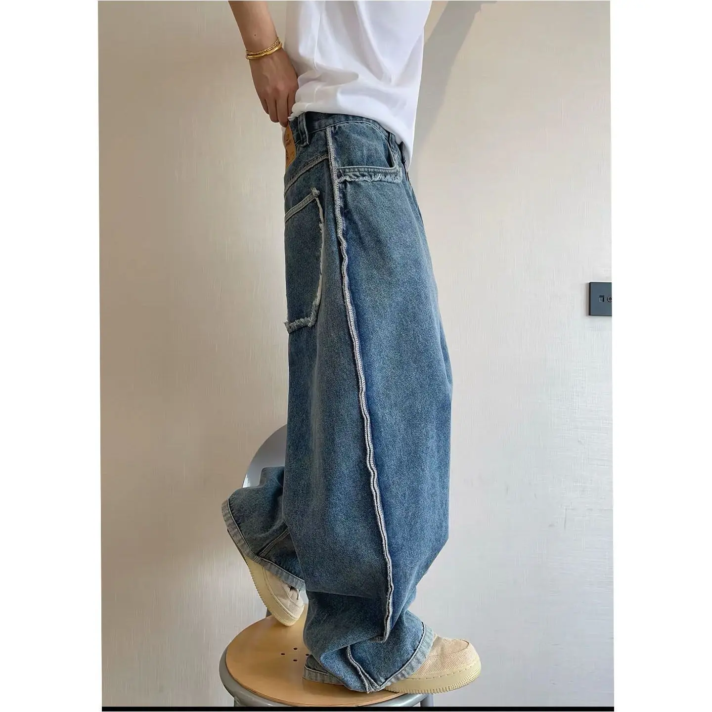 Men's Buckle Rough Edges Jeans Street Sweatpants 90s Y2k Cool Boys High Waist Pants Summer Bottoms Male Casual Wide Leg Trousers